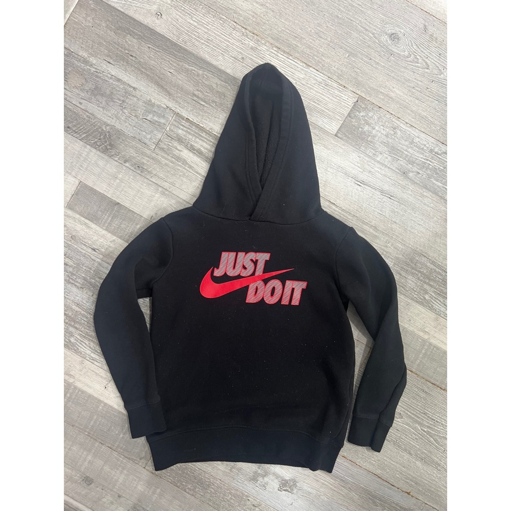 Nike Kids Just Do It Graphic Hoodie Black Red Swoosh Fleece Pullover Size 5 4-5Y